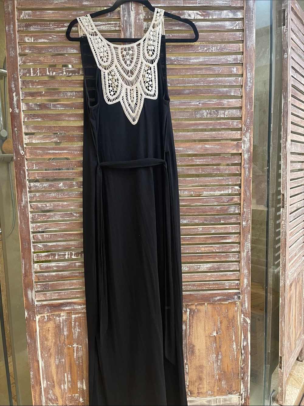 Black Maxi Dress with Cream Crochet Yoke